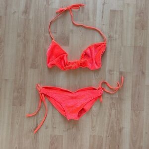 Velour Sparkly Neon Orange Bikini Top & Bottom Set